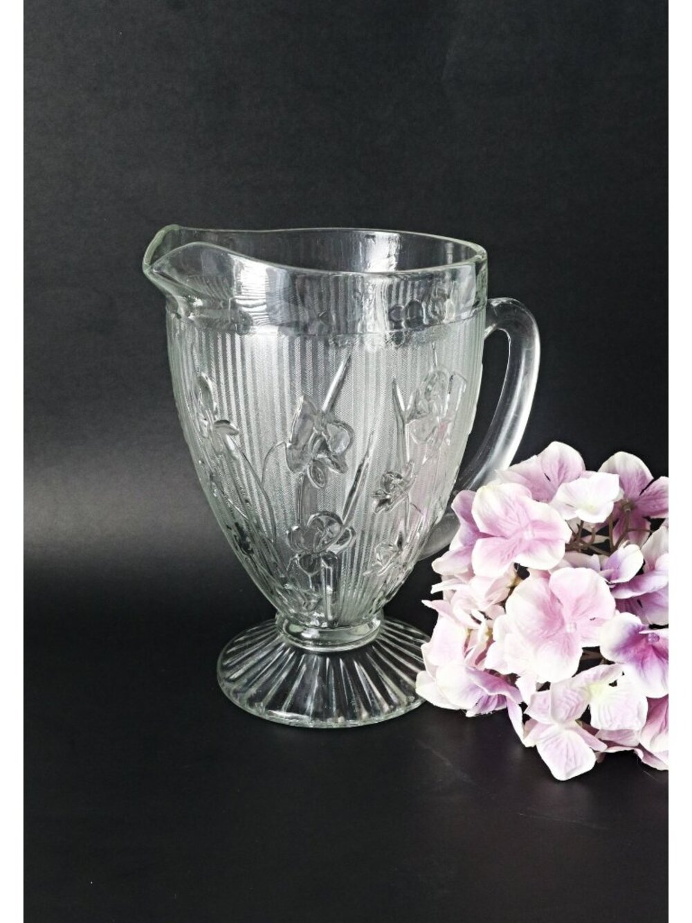 Vintage Iris And Herringbone Pitcher Depression Glass Jeanette 1930's